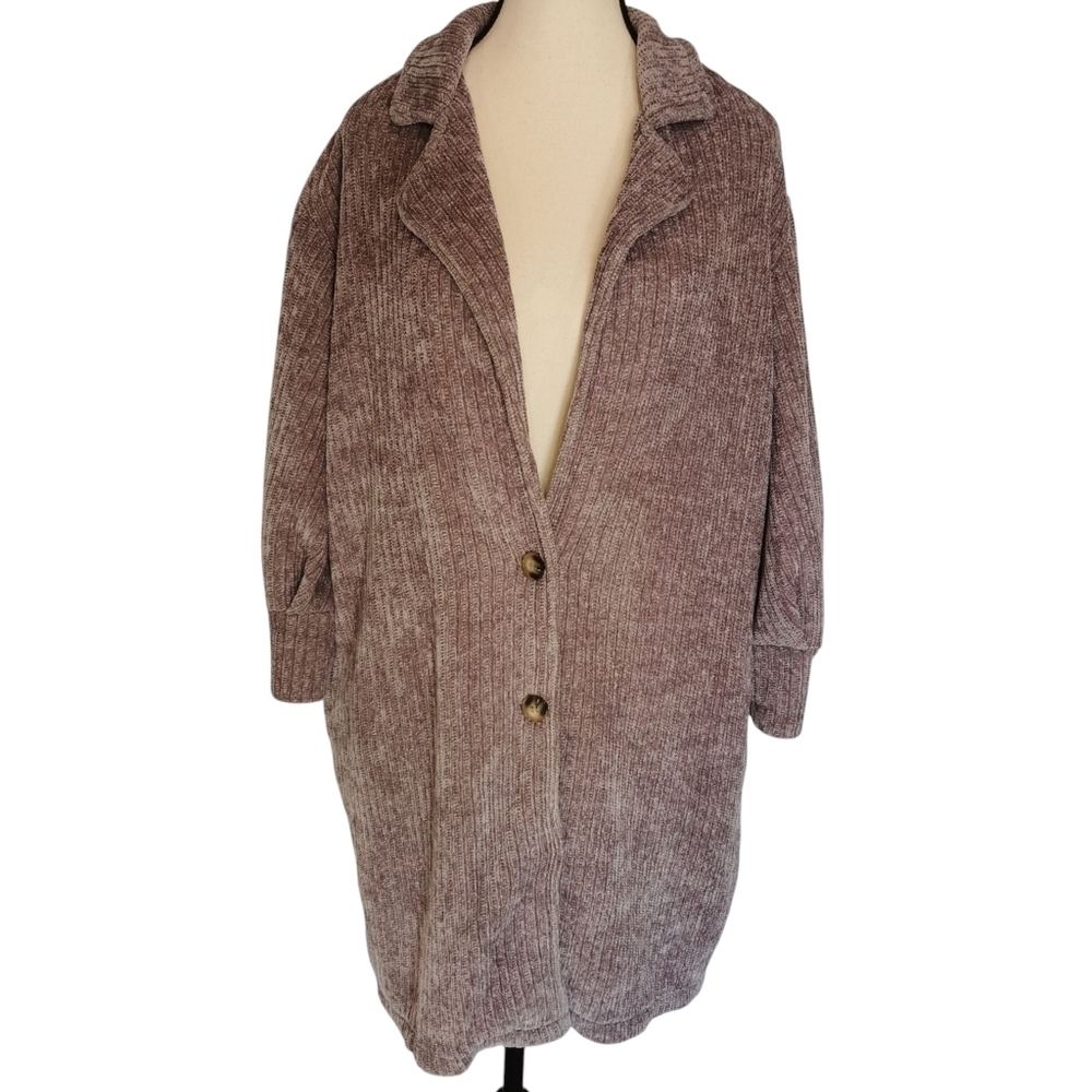 Tempo Paris Plush 2-Button Taupe Sweater Jacket/Cardigan - Sz L/XL